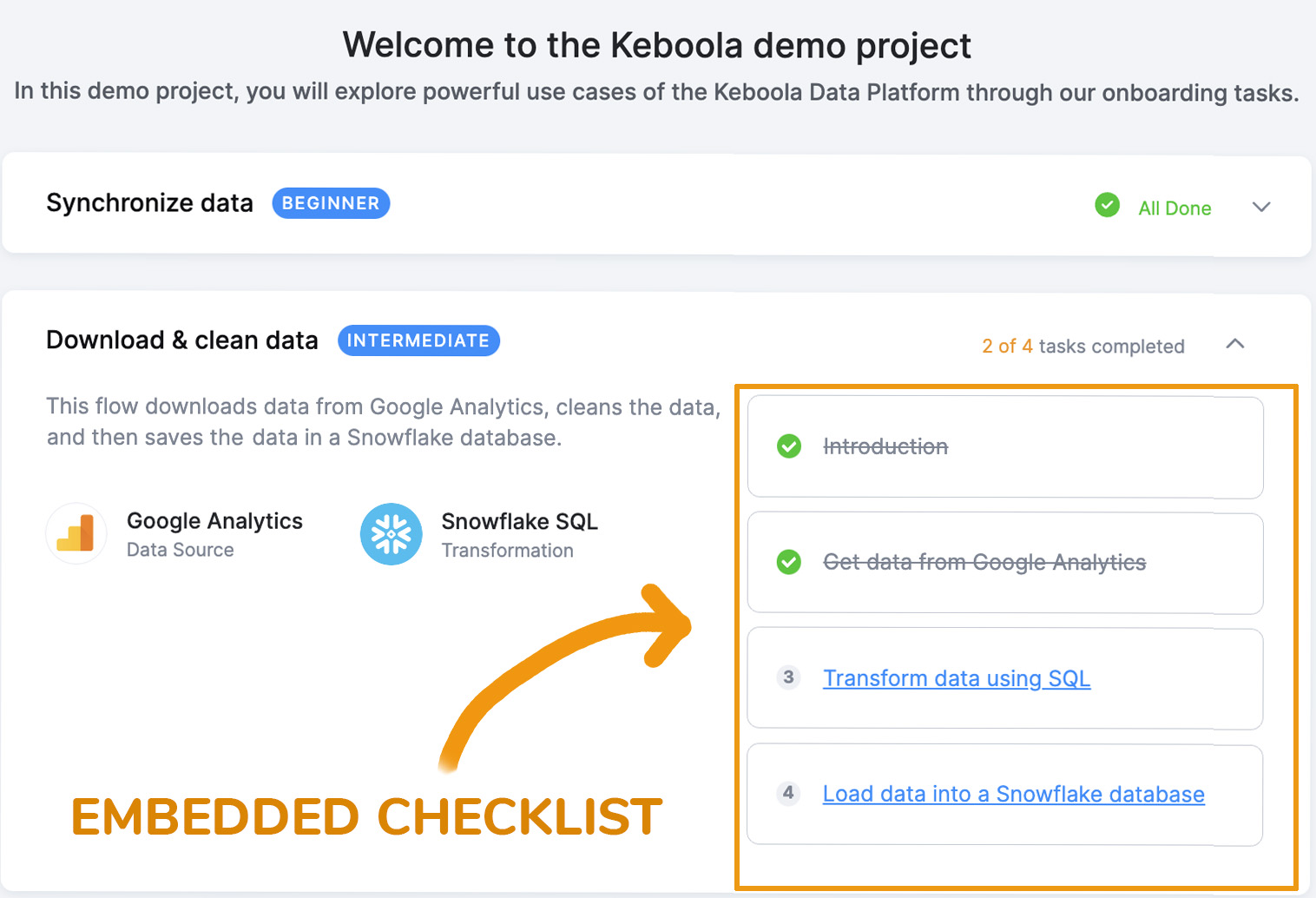 Onboarding checklist embedded in Keboola app